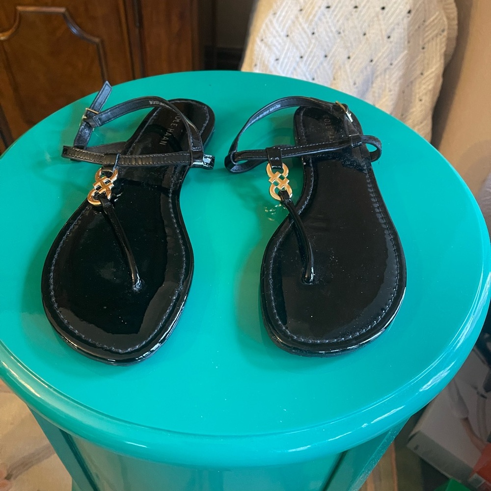 Cole Haan Sandals Black Patent with Gold details
